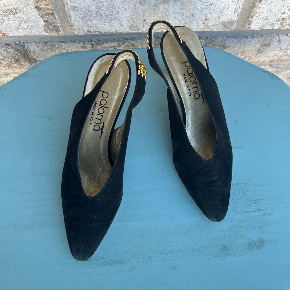 Vintage Paloma Made in Italy Size 6 Black Suede Strap Heel with Gold Detail